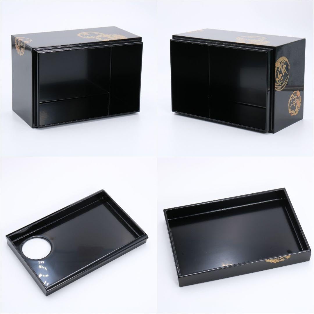 丸紋四君子蒔絵茶箱三つ組 染付山水絵二点揃 桐箱/布付 茶道具 FR81