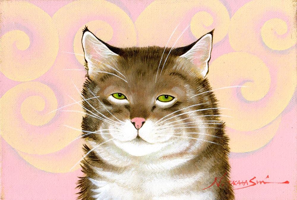 油絵 菅家令子 絵 絵画インテリア額付(黒) F3-030919子犬子猫と女の子