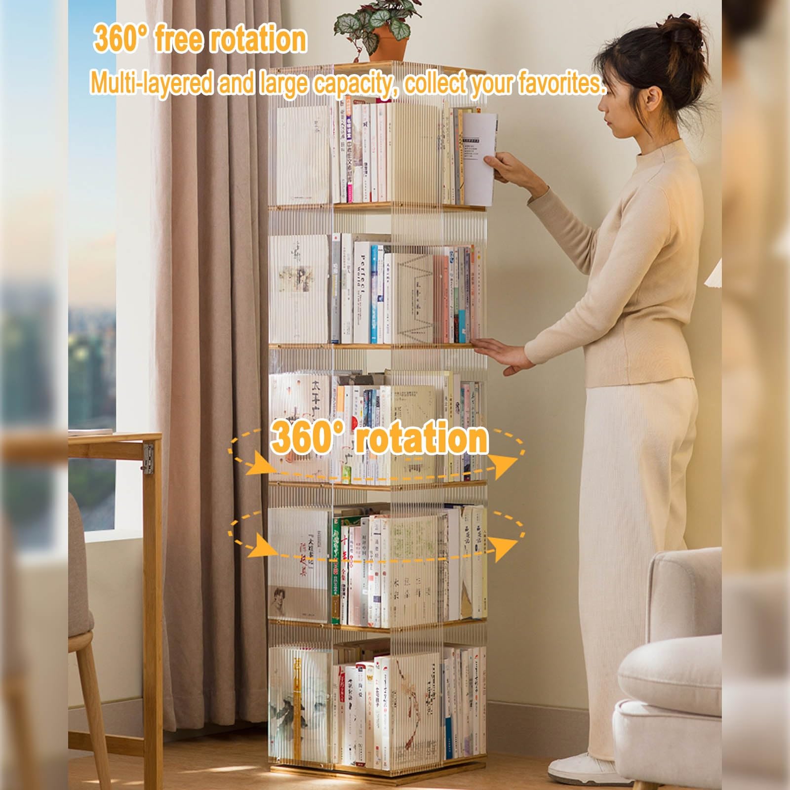 Amazon｜360°回転多層アクリル竹製書架、多層立て360°展示竹製回転書架