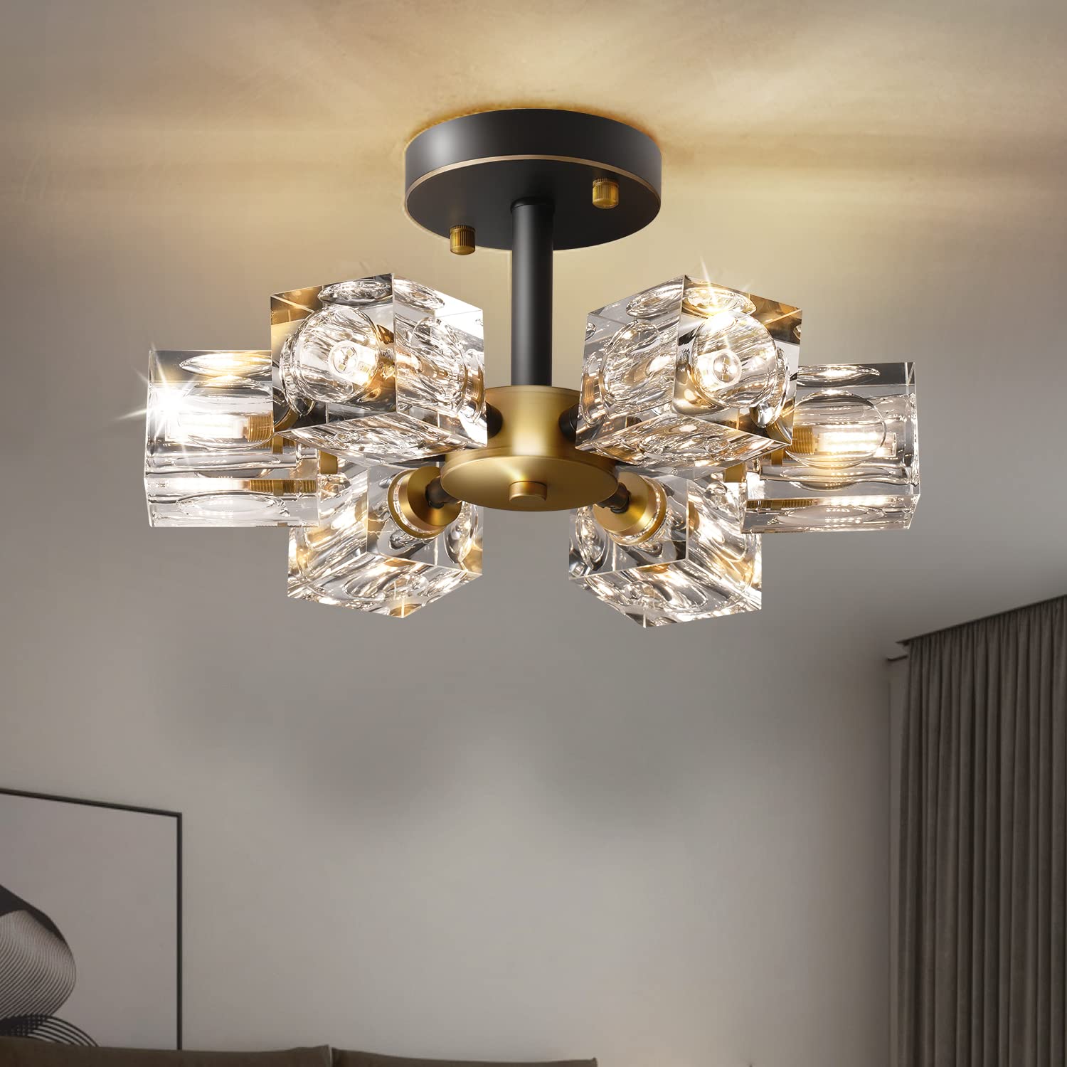 OKES Semi Flush Mount Ceiling Light,13inch Modern Black and Gold