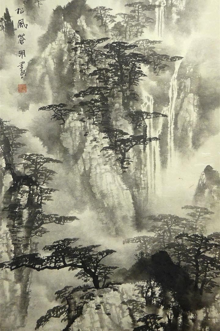 Amazon.co.jp: 掛軸 蒼明『水墨山水図』中国画 紙本 肉筆 証明書箱付
