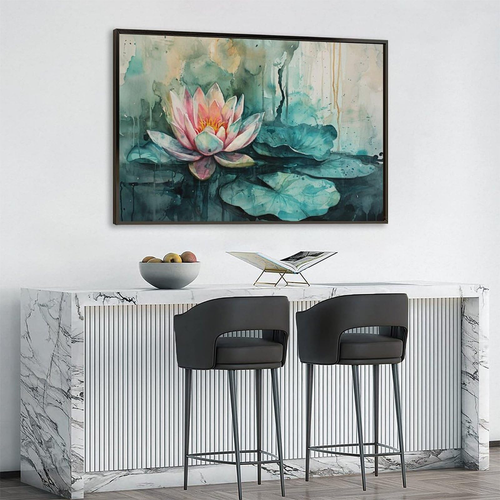 Amazon.co.jp: 絵画 蓮の花と蓮の葉インテリア 絵画 魅力的な花 油絵
