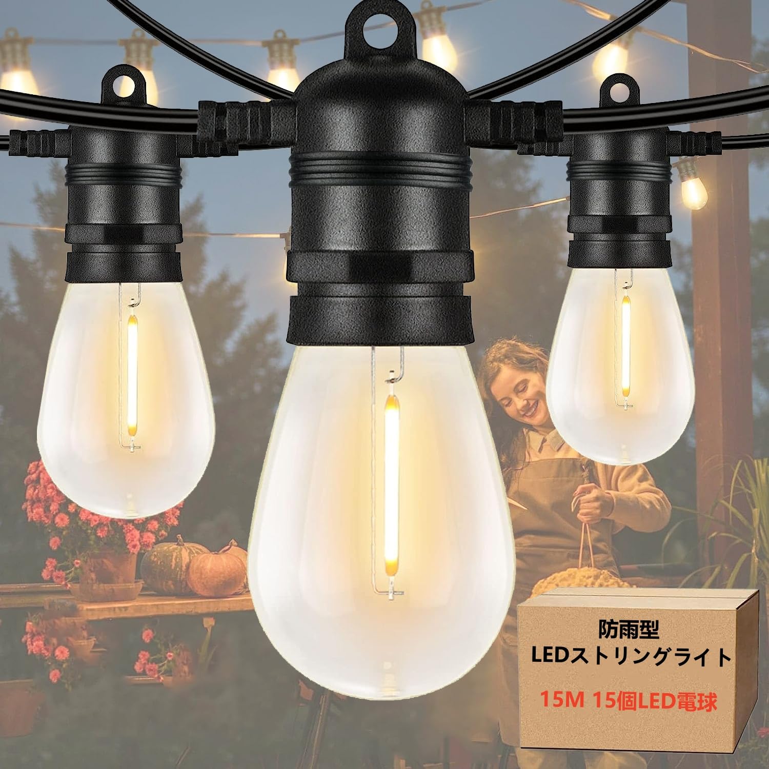 Amazon.co.jp: 防雨型LEDストリングライト 15M 15個LED電球付き(予備
