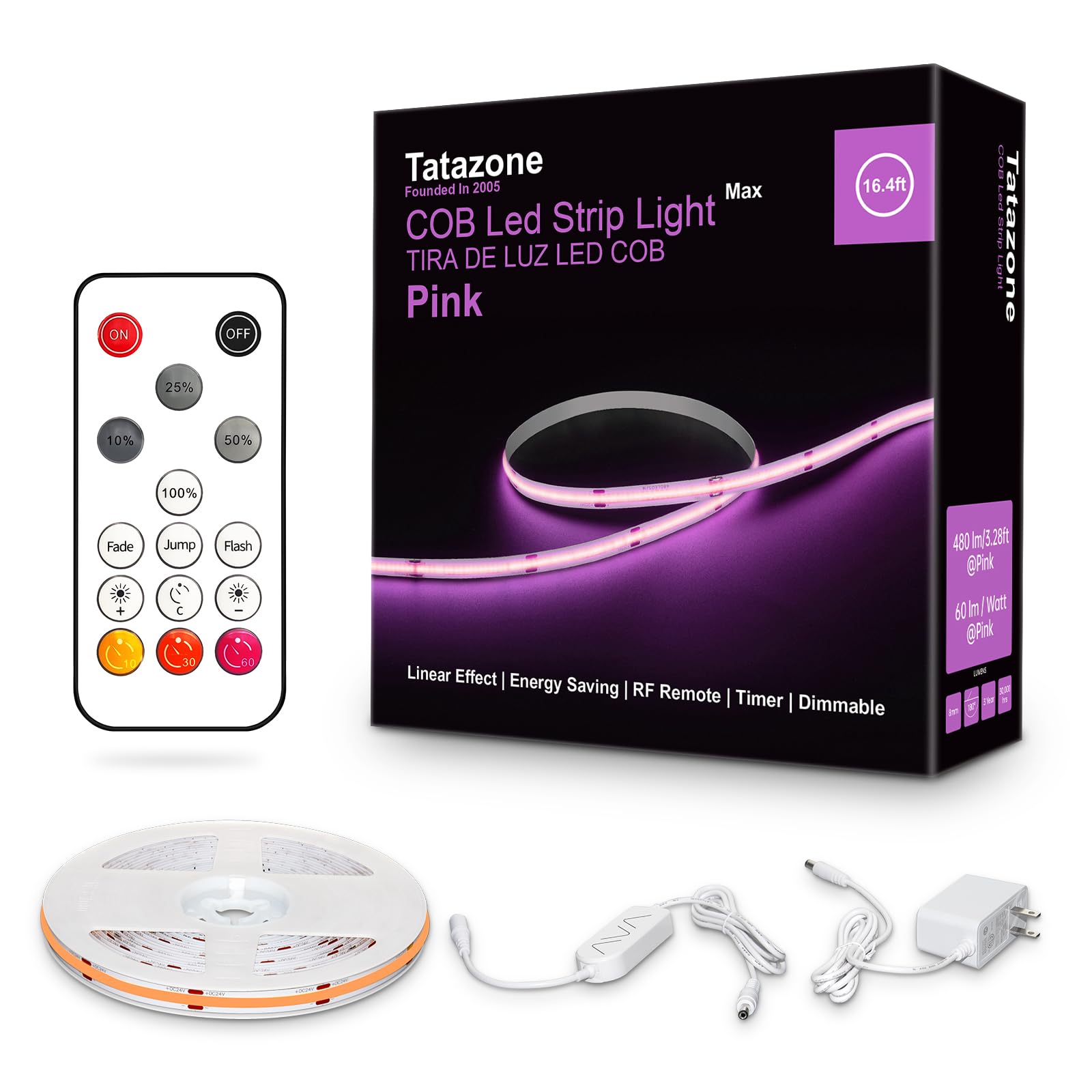 Tatazone Pink COB Led Strip Lights Max with RF Remote, 16.4ft