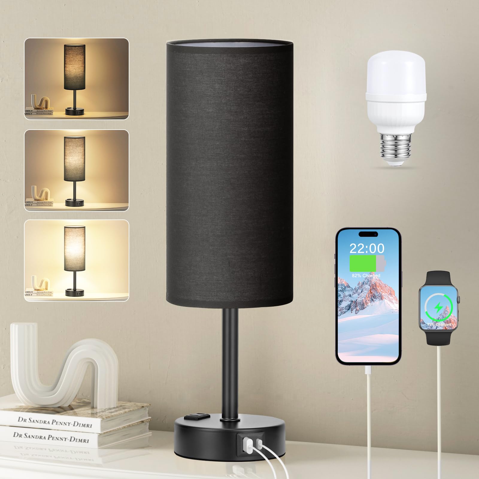 Fenmzee Black Bedroom Lamp for Nightstand - 3 Way Dimmable Bedside