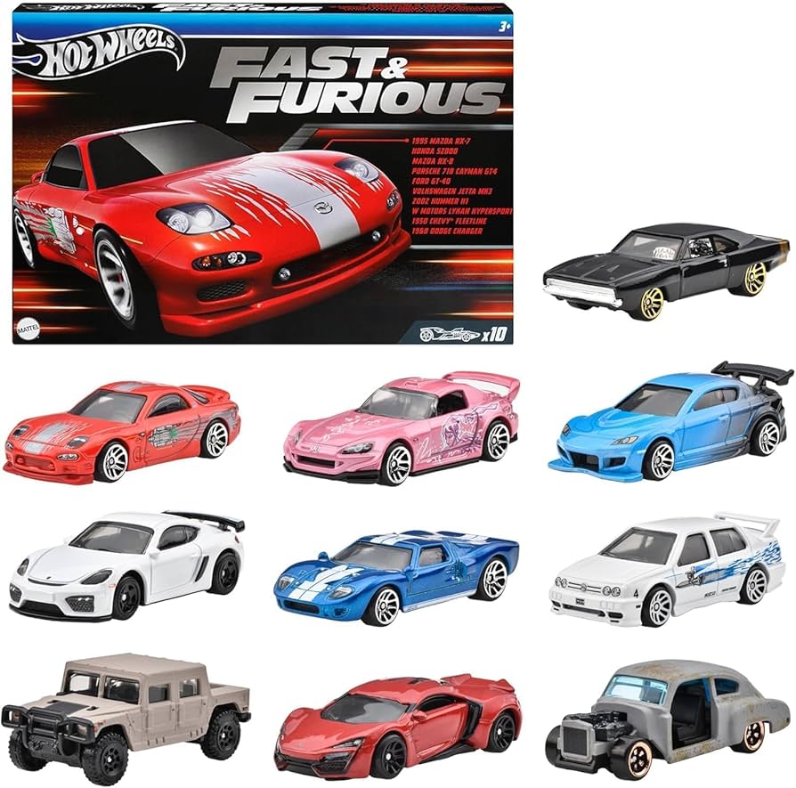 Hot Wheels 10-Pack Fast & Furious HVX27 Car Toy, Miniature Car Toy
