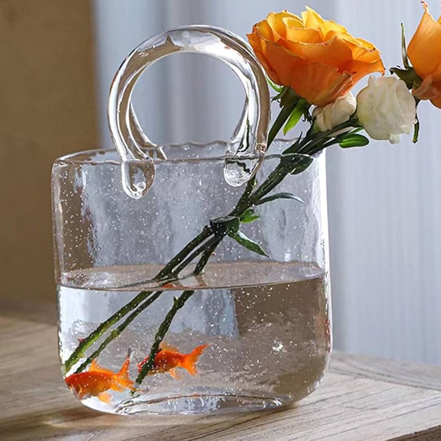 Amazon.co.jp: ガラスバッグの花瓶 - ハンドバッグ型透明ガラス花瓶