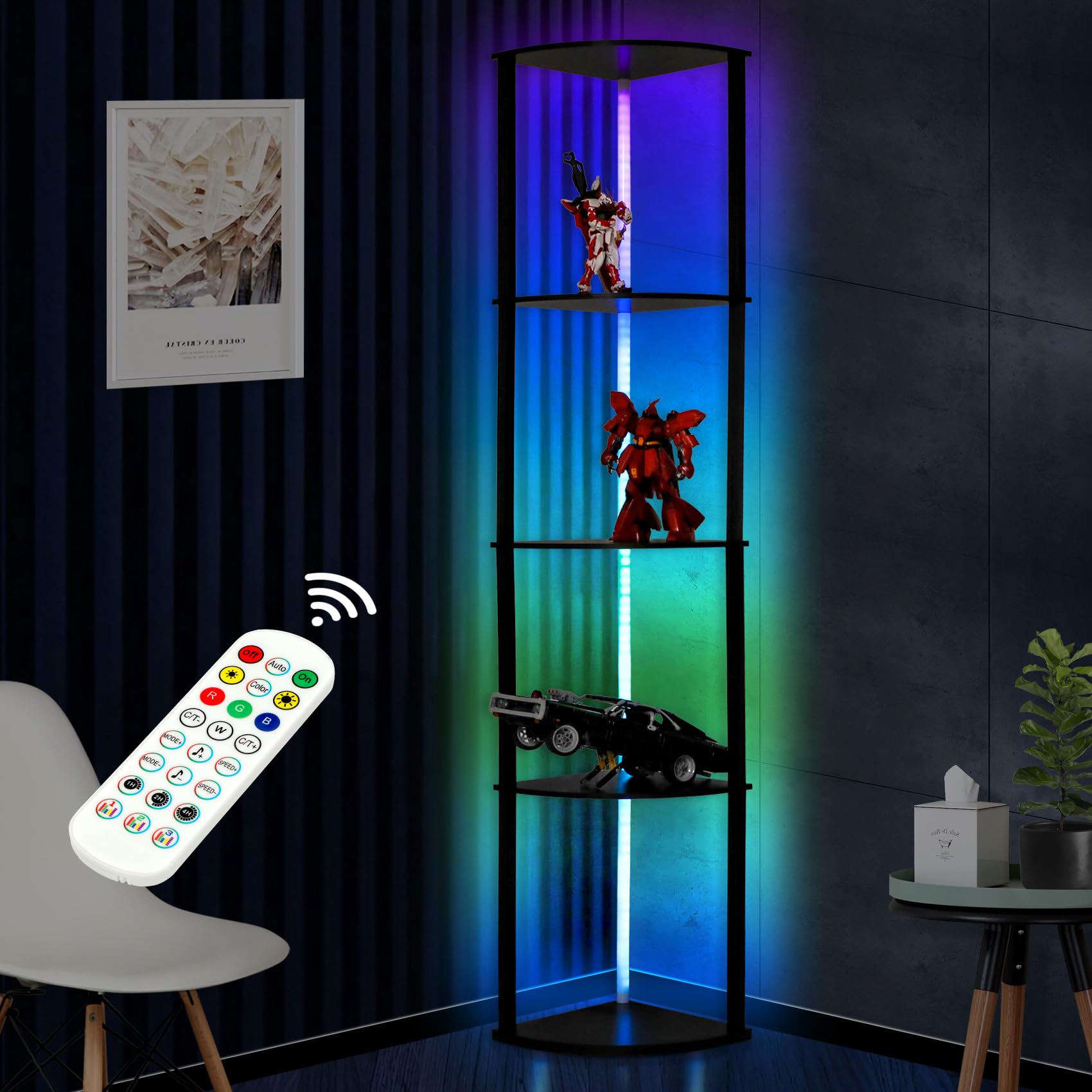 Amazon｜ライト付き5段コーナーシェルフ 6色RGB LED付き コーナー本棚