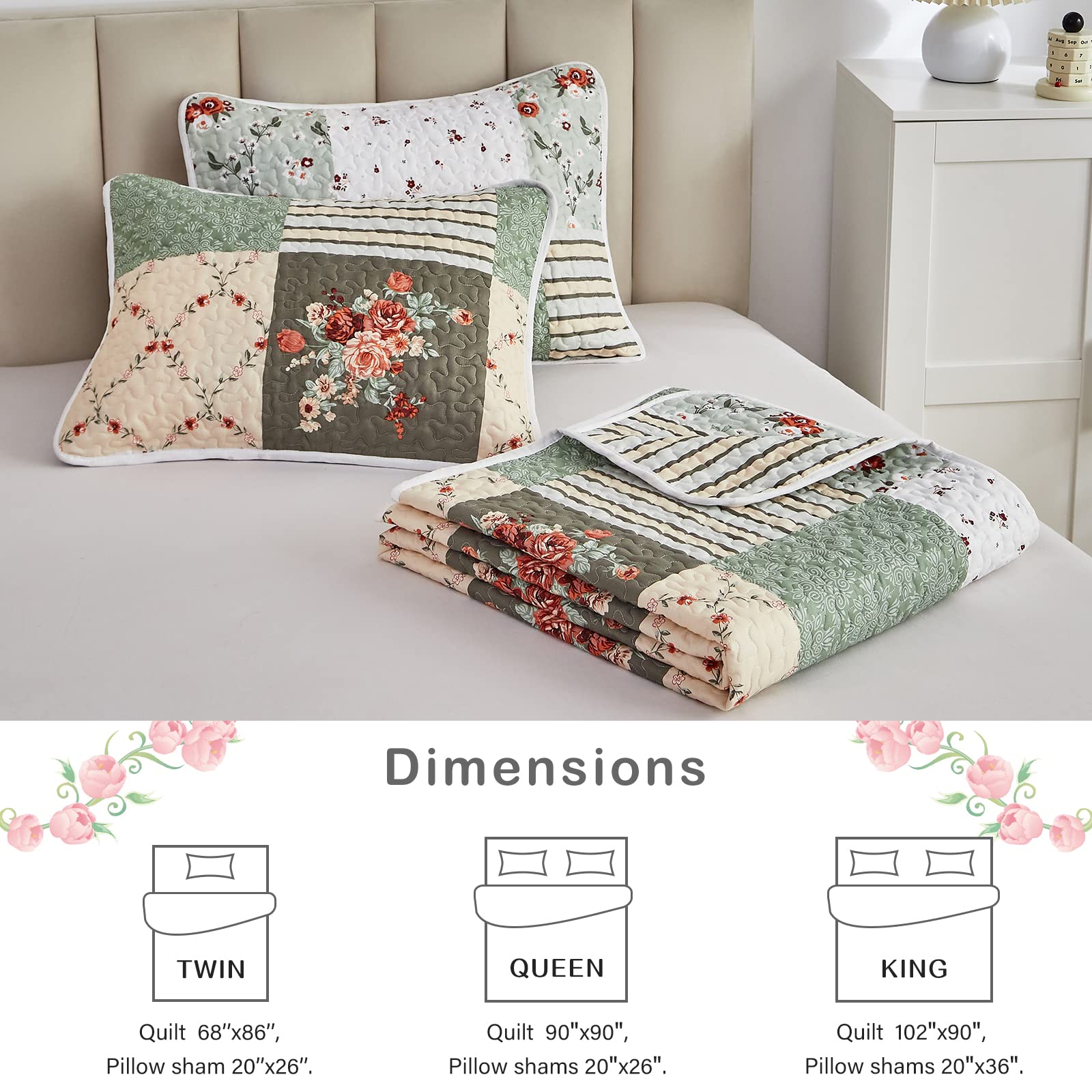 Amazon｜花柄パッチワークキルトセット 2ピース ツインサイズ グリーン