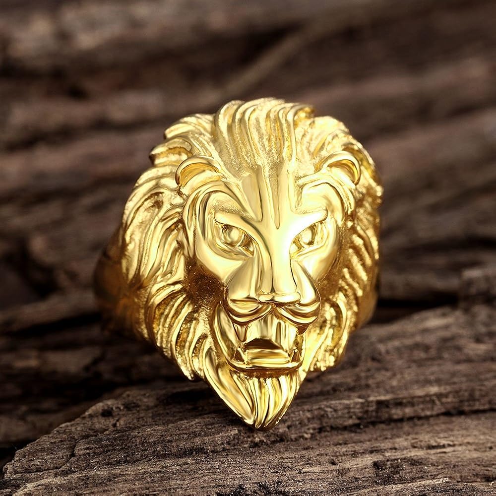 Goldenchen Men's Vintage 316L Stainless Steel Gold Lion Head Rings