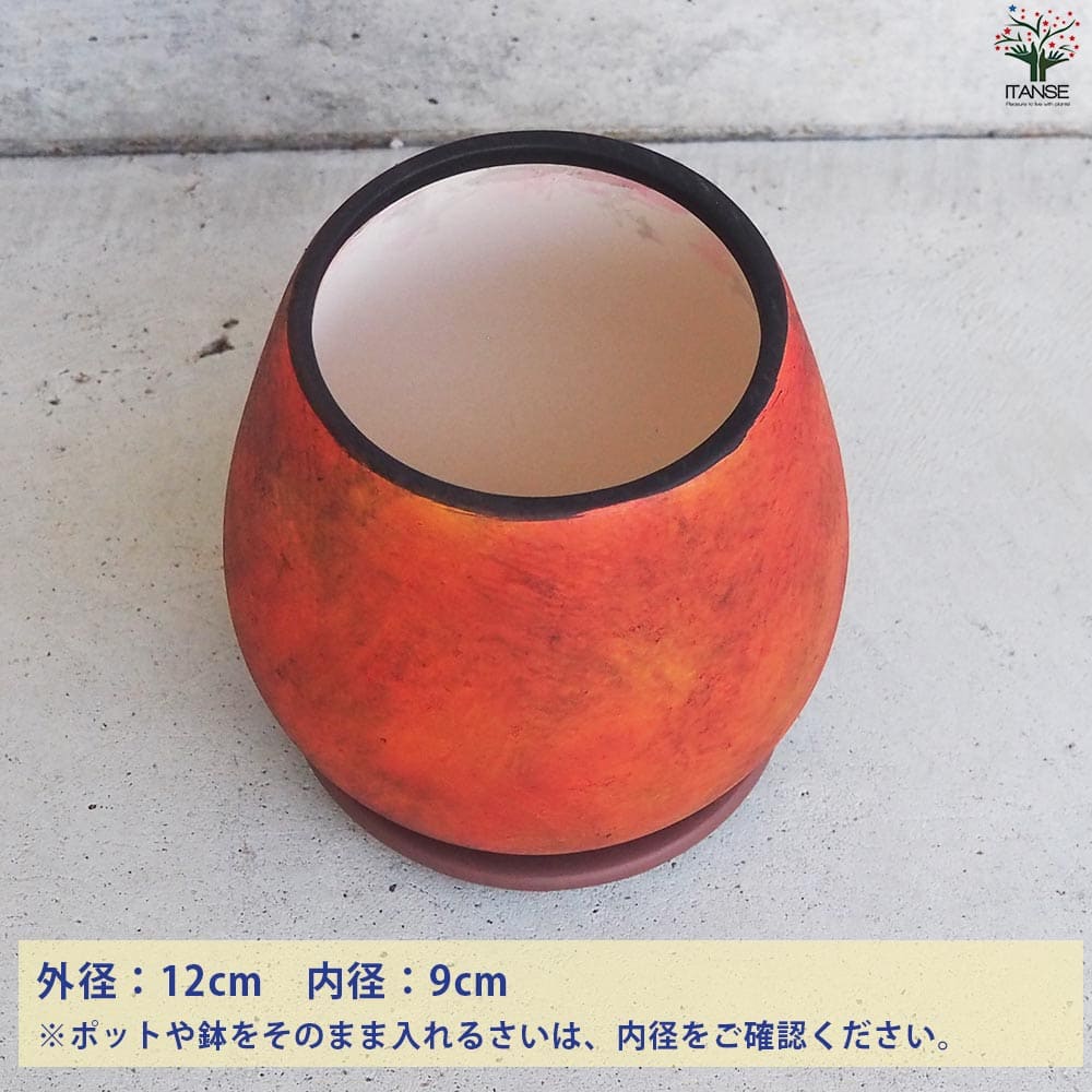 皿付陶器鉢 彩色焼磁 オレンジ【資材 12cm】｜ 【植物のITANSE