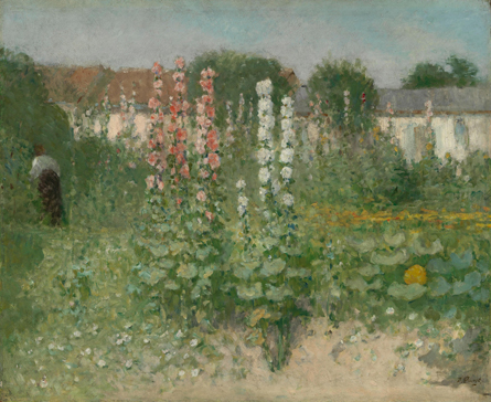 タチアオイの咲く庭 Description:Garden with Hollyhocks. Date: c