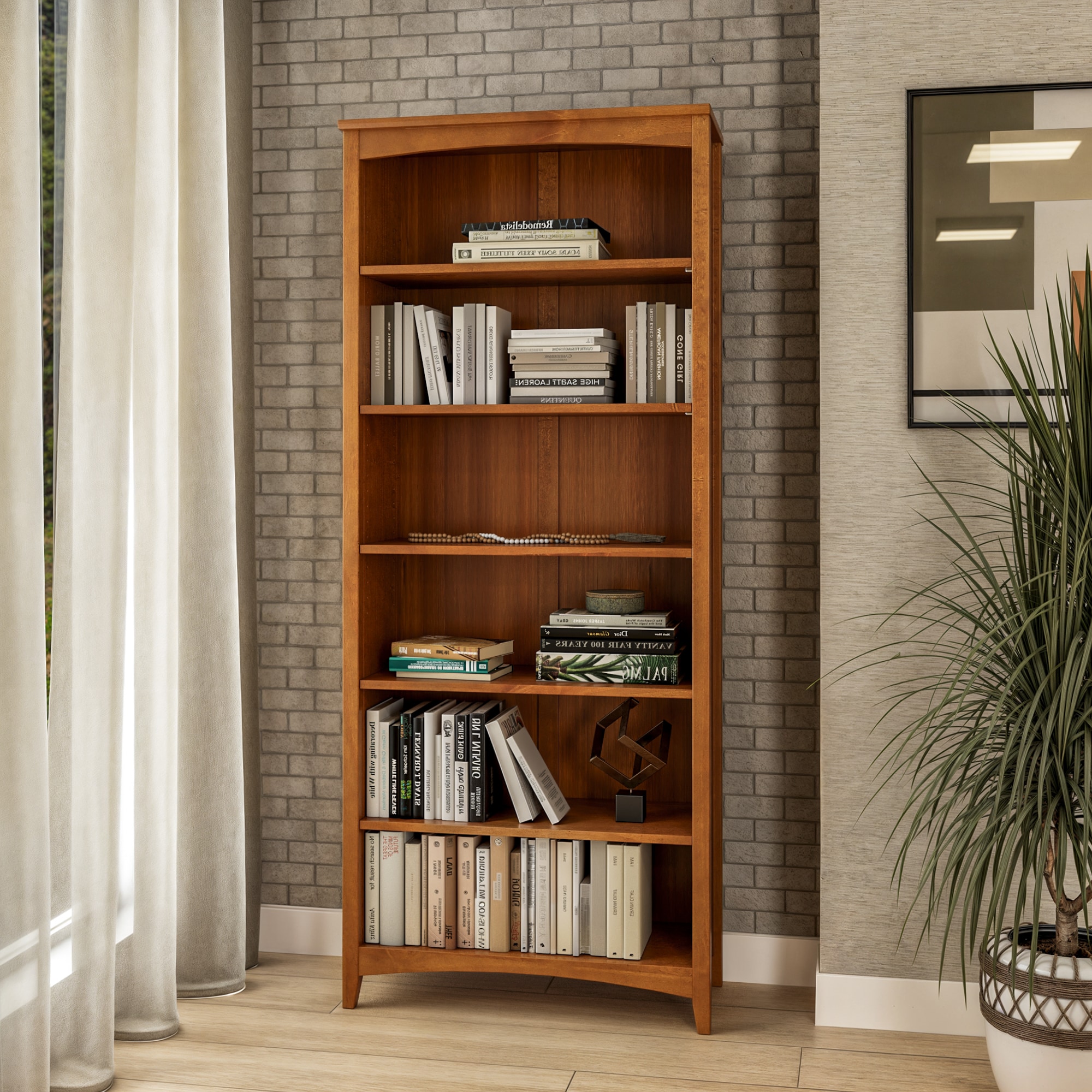 Camaflexi Shaker Style Cherry Wood 6-Shelf Bookcase (30-in W x 72
