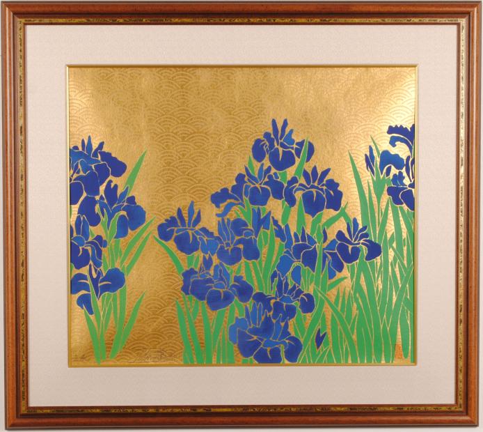 今井俊満がシルクスクリーンの版画で制作したの和の花の絵画「菖蒲」を