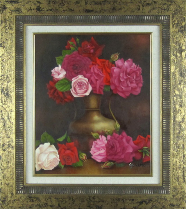 志村好子「薔薇」（赤・ピンク・白）油彩画・F8・”優雅な薔薇”