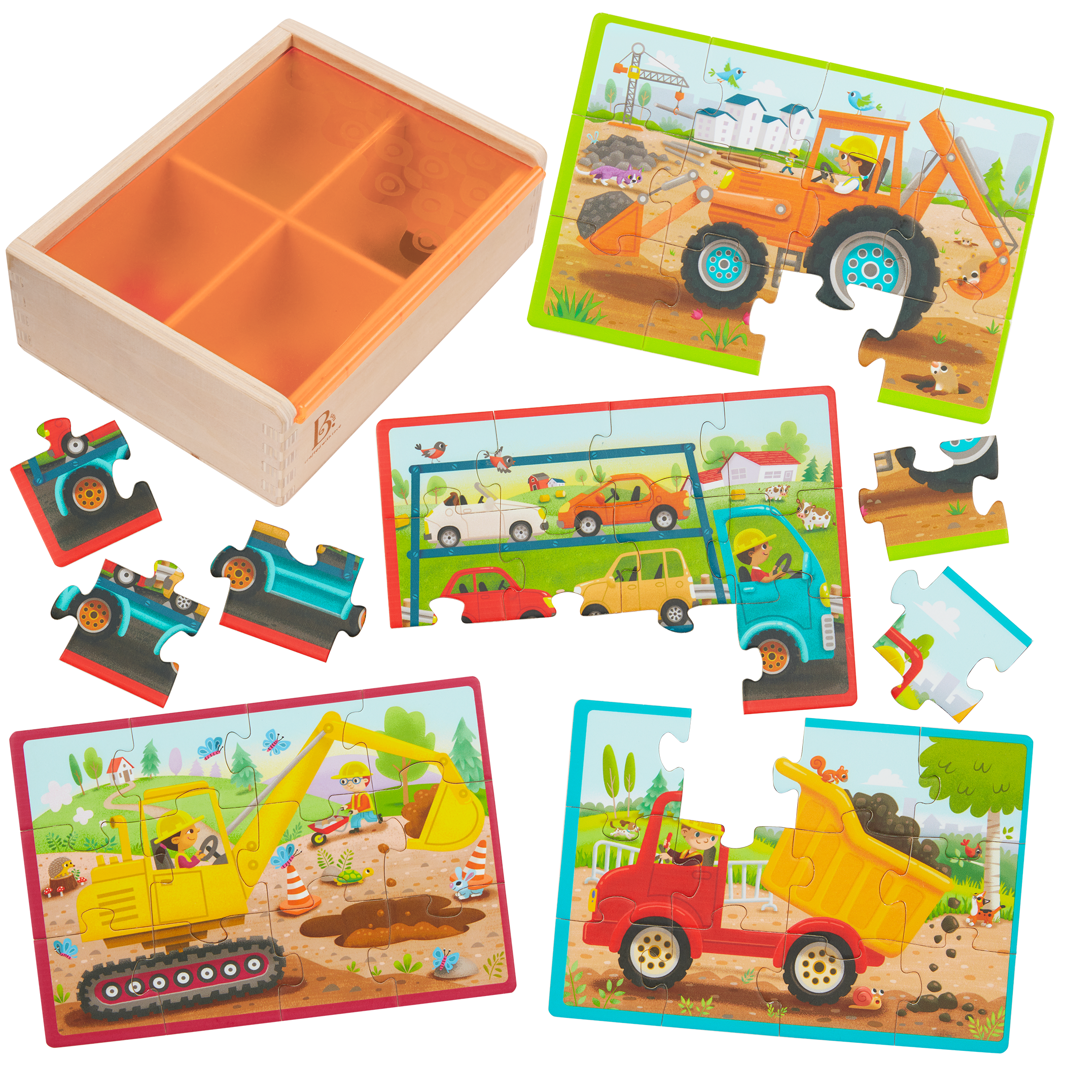 Pack o' Puzzles - Trucks | Wooden Puzzle Set | B. toys