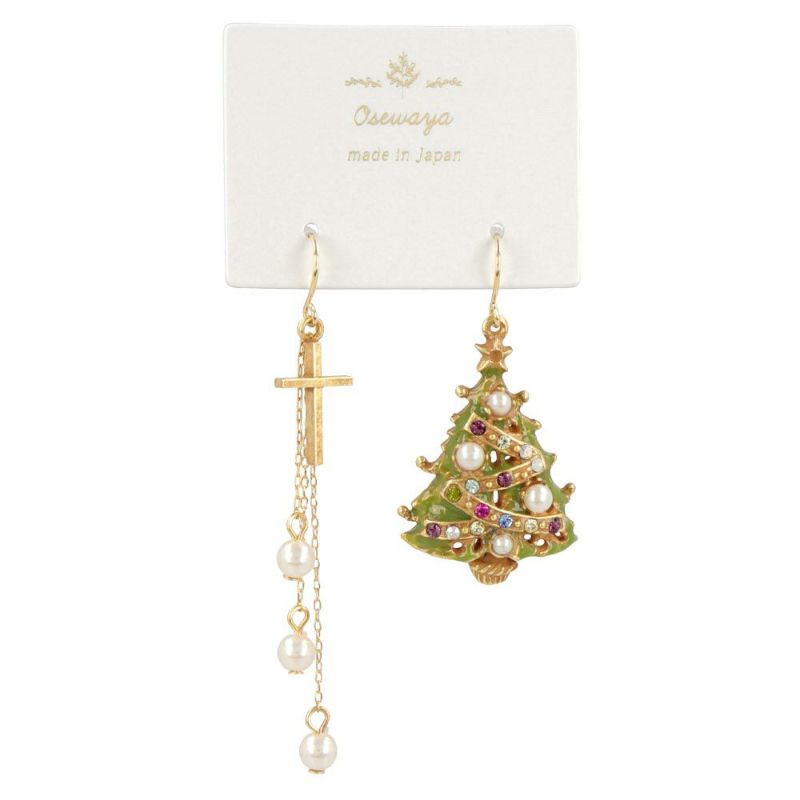 ピアス クリスマスツリー 十字架 クロス パール ステンレスフック