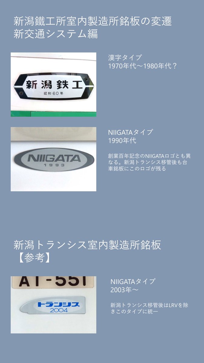 新潟鐵工所／新潟トランシス製鉄道車両の室内に貼られている製造所銘板