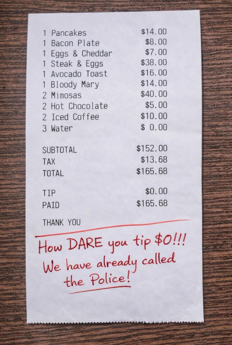 Food was $152. Tax was $13.68. Tip: $0 Total came out to $165.68