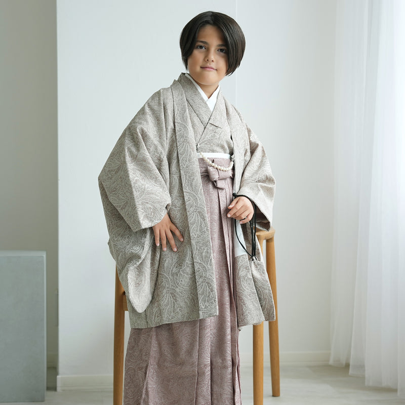 ハーフ成人式 男の子 袴セット ジャガード・ペイズリー グレージュ