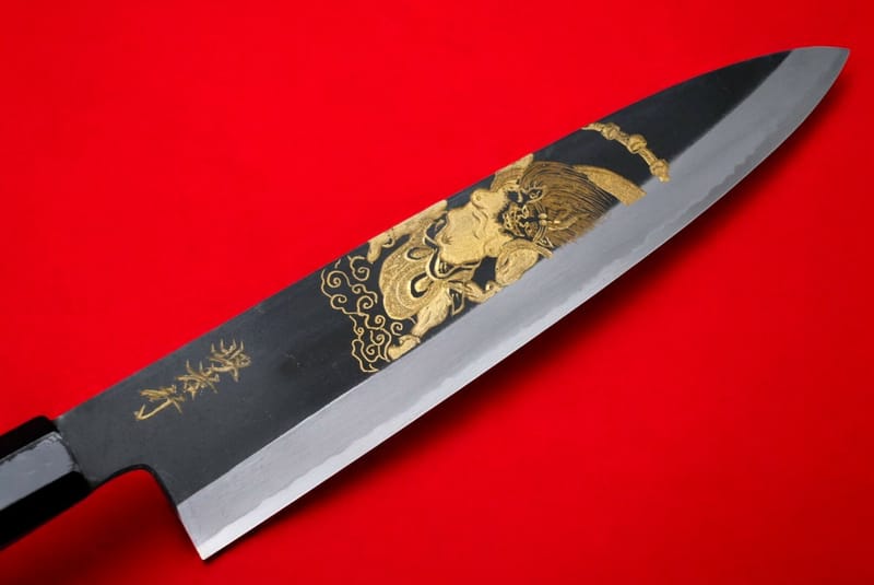 堺孝行和牛刀240 白二黑打黒檀八角柄風神雷神金彫