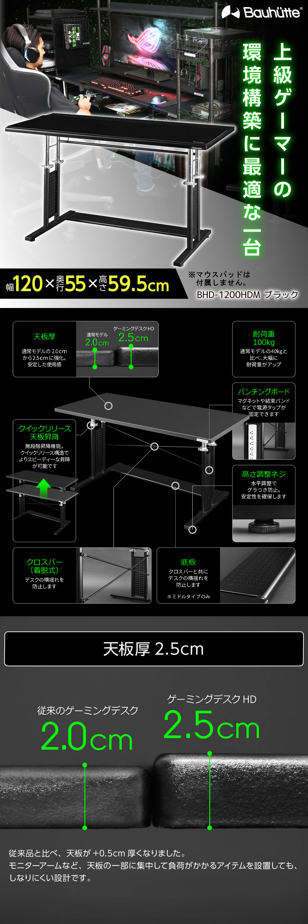 Bauhutte（バウヒュッテ） デスク BHD-1200HDM-BK ブラック ゲーミング