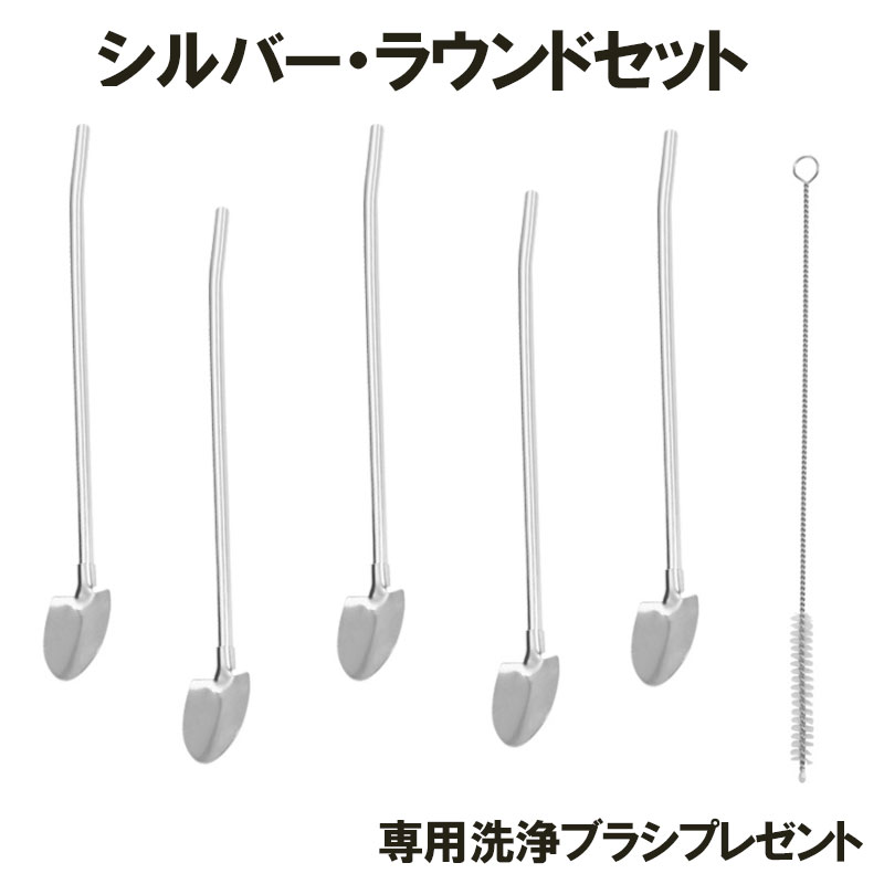 ステンレスストロー 5点セット デザートスプーン パフェ ブラシ付き