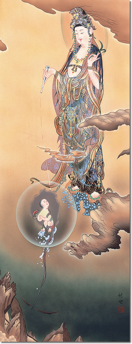 掛け軸-慈母観音／田村竹世（尺五・桐箱・風鎮付き）法事法要掛軸
