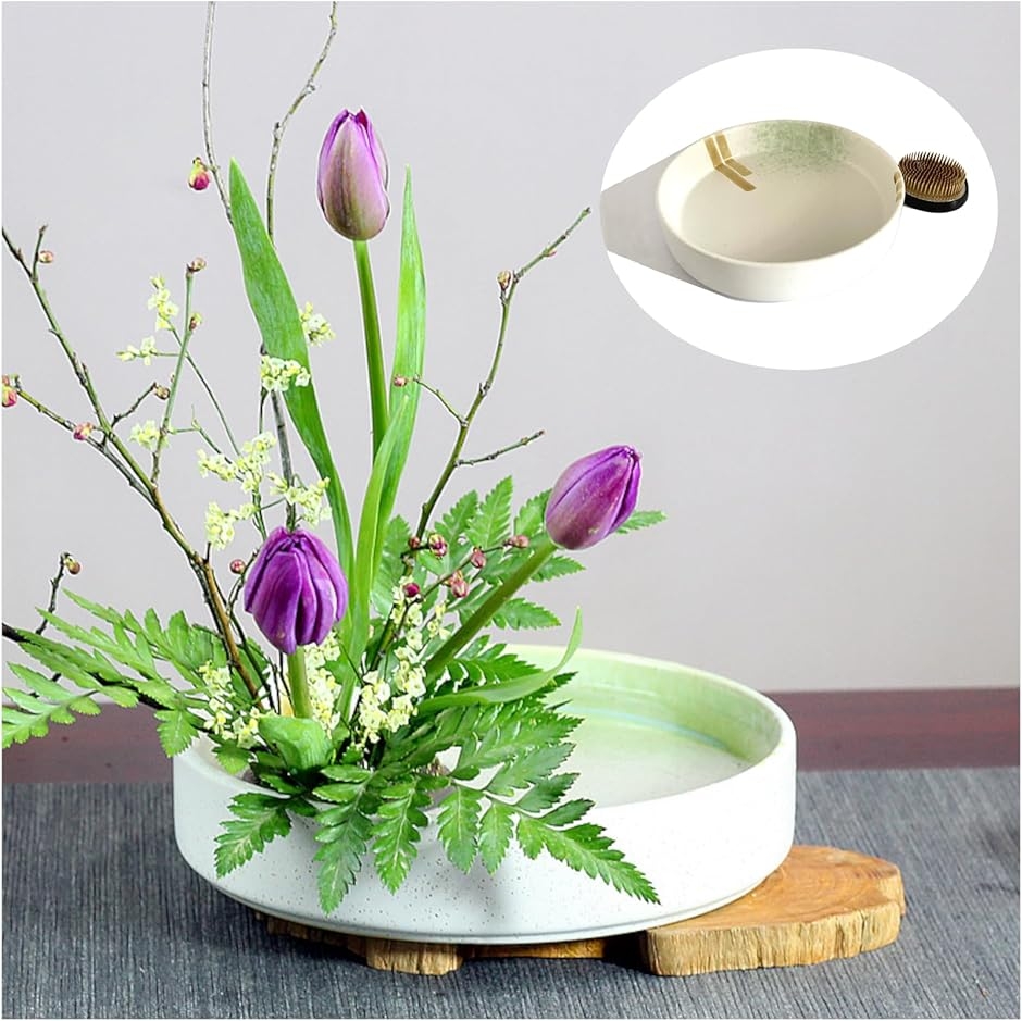 生け花 花器 水盤 20cm 剣山 丸型 ゴムリングつき 7cm 華道 陶器