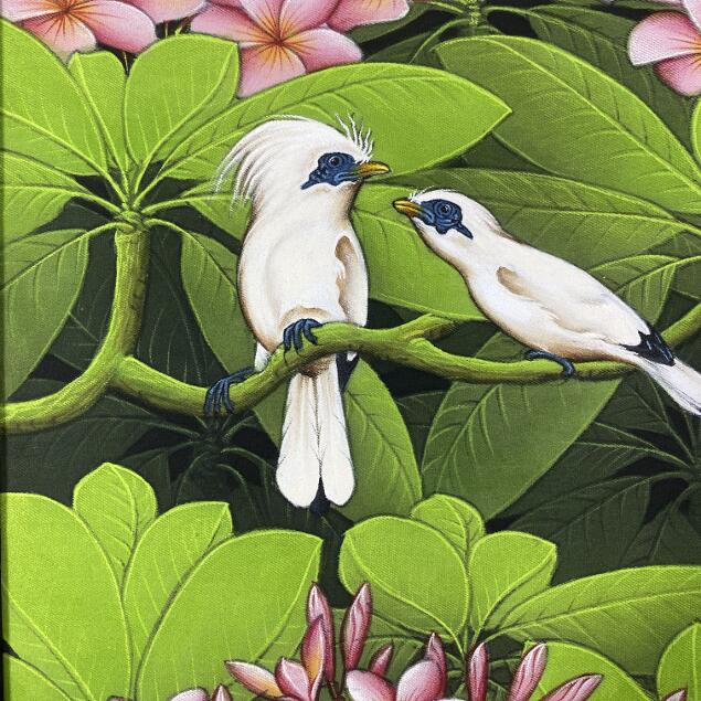 バリ島絵画 ブンゴセカン 鳥の絵 プルメリア W43×H53cm 花鳥風月 バリ
