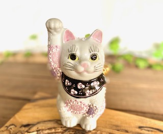 九谷焼 高級 陶磁器 招き猫 ミニ 幸せ黄色 左手 黄色唐草 2号(千客万来