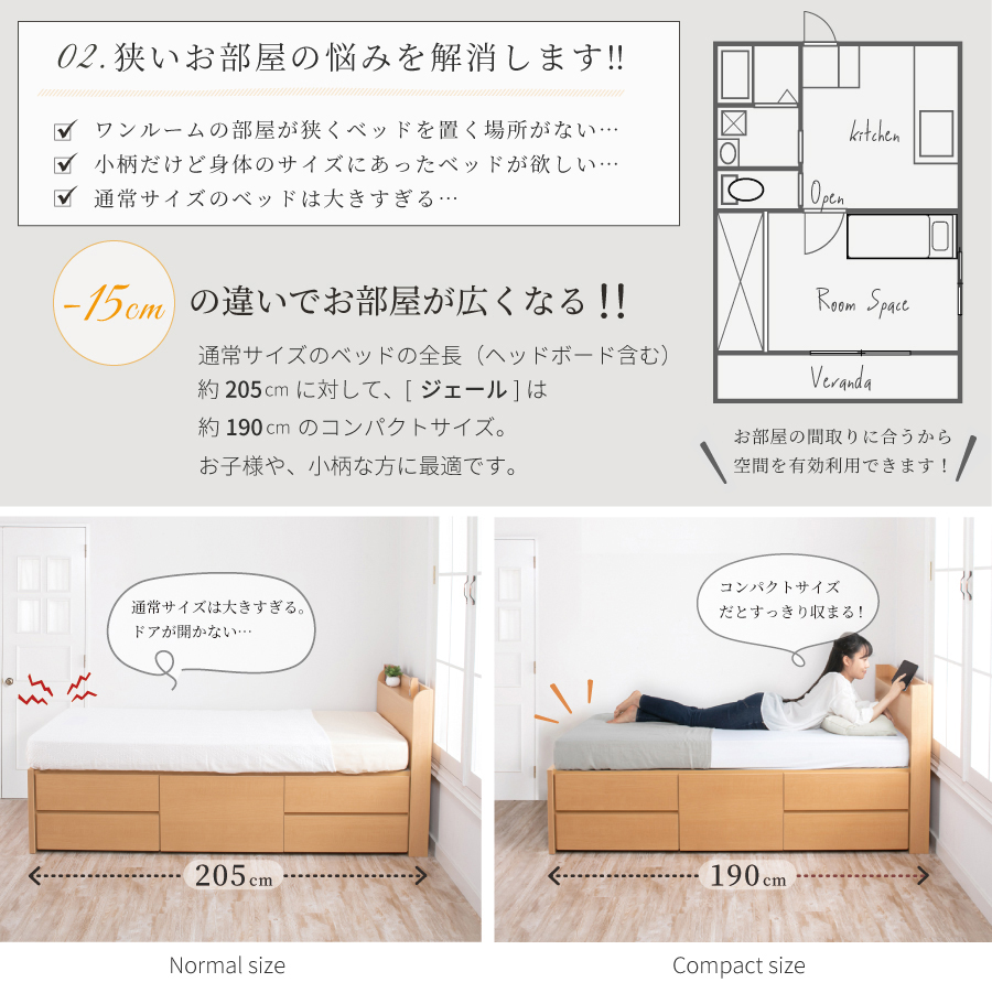 収納付ベッド シングルベッド ベッドフレーム ショート コンパクト 5杯