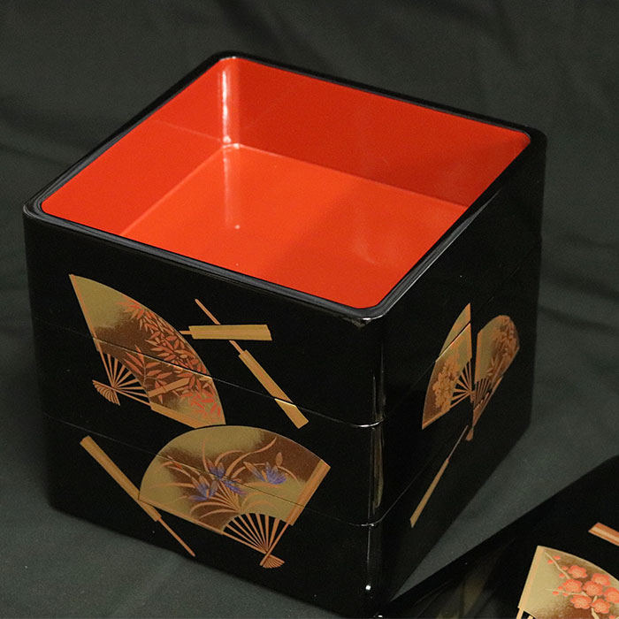 重箱 3段 日本製 国産 会津漆器 6.5 三段本重 雅扇面 黒 内朱 6.5寸 5