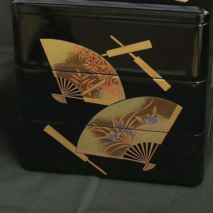 重箱 3段 日本製 国産 会津漆器 6.5 三段本重 雅扇面 黒 内朱 6.5寸 5