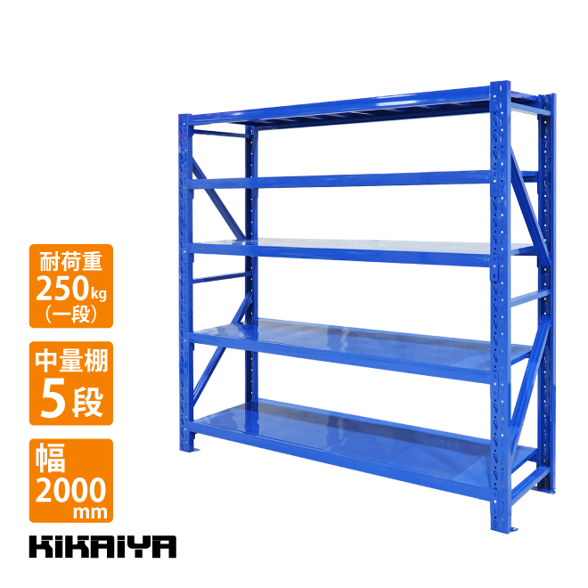 スチールラック ボルトレス 中量ラック 5段 250kg/段 幅200×奥行60×高