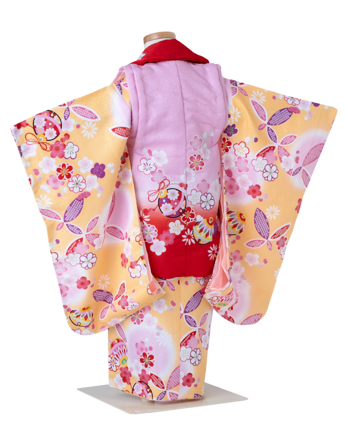 七五三 着物 3歳 被布セット 女の子 黄色の着物 ピンクと赤の被布