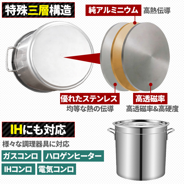 寸胴鍋 ガス火IH 兼用 48L 40cm ステンレス 寸胴 鍋 蓋付き ふた付き