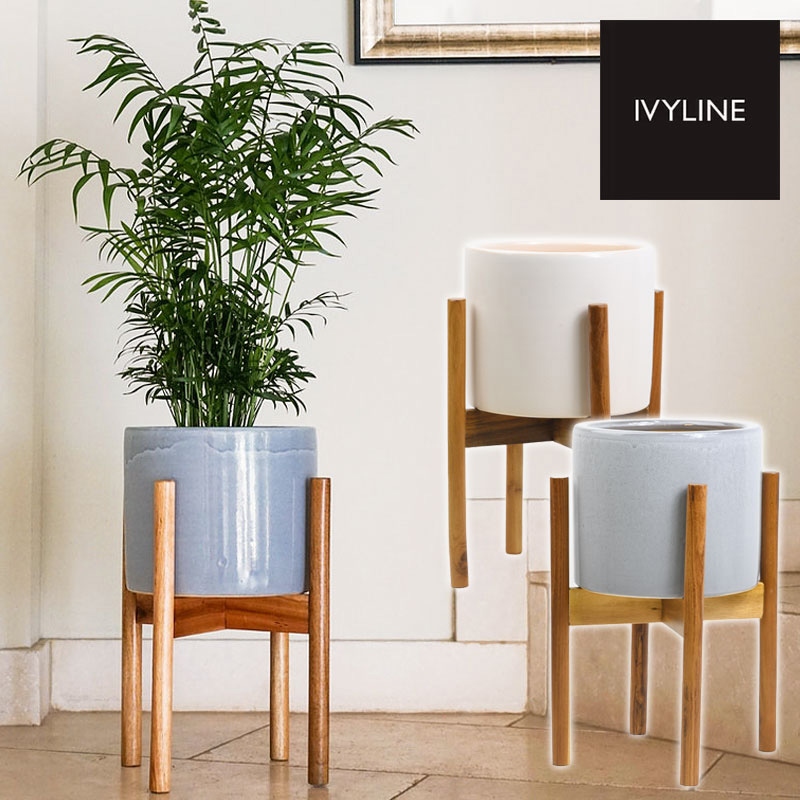 IVYLINE ナチュラル 鉢 カバー ウッドスタンド付き 室内用 ホワイト