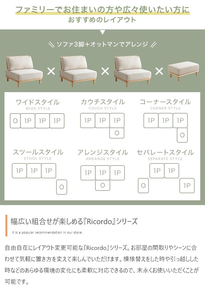 ファブリックローソファ3脚+オットマン1脚 4点セット Ricordo｜北欧
