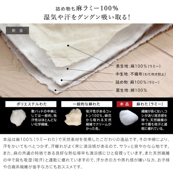 麻 敷きパッド ラミー シングル 夏用 洗える麻敷きパット 麻100％生地