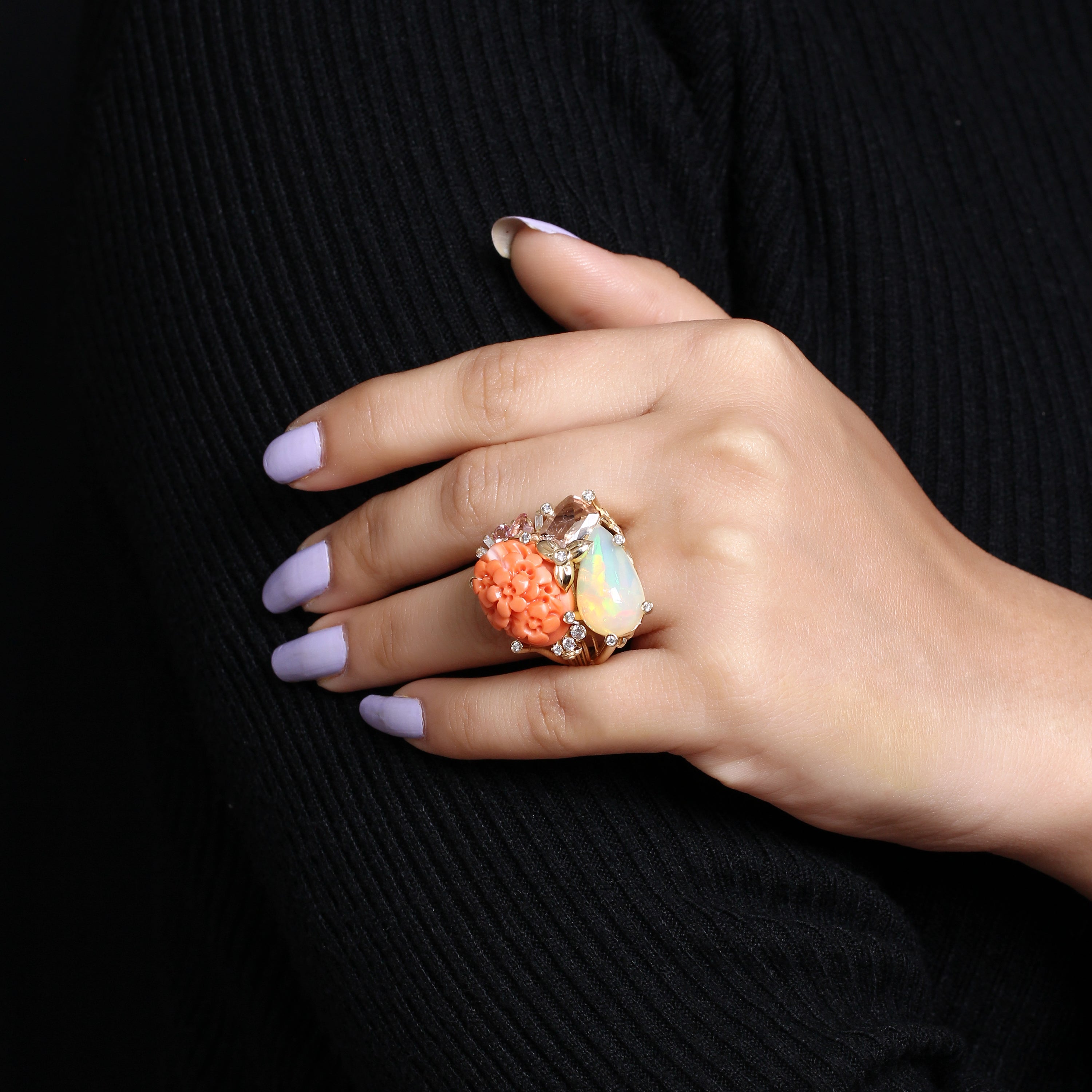 Luxury Hand Carved Coral 14.5ct Ethiopian Opal 5.1ct Morganite 1.5