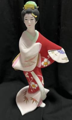 博多人形 芸妓 梅 着物 赤 扇 芸者 伝統工芸 日本人形 美人もの 34cm