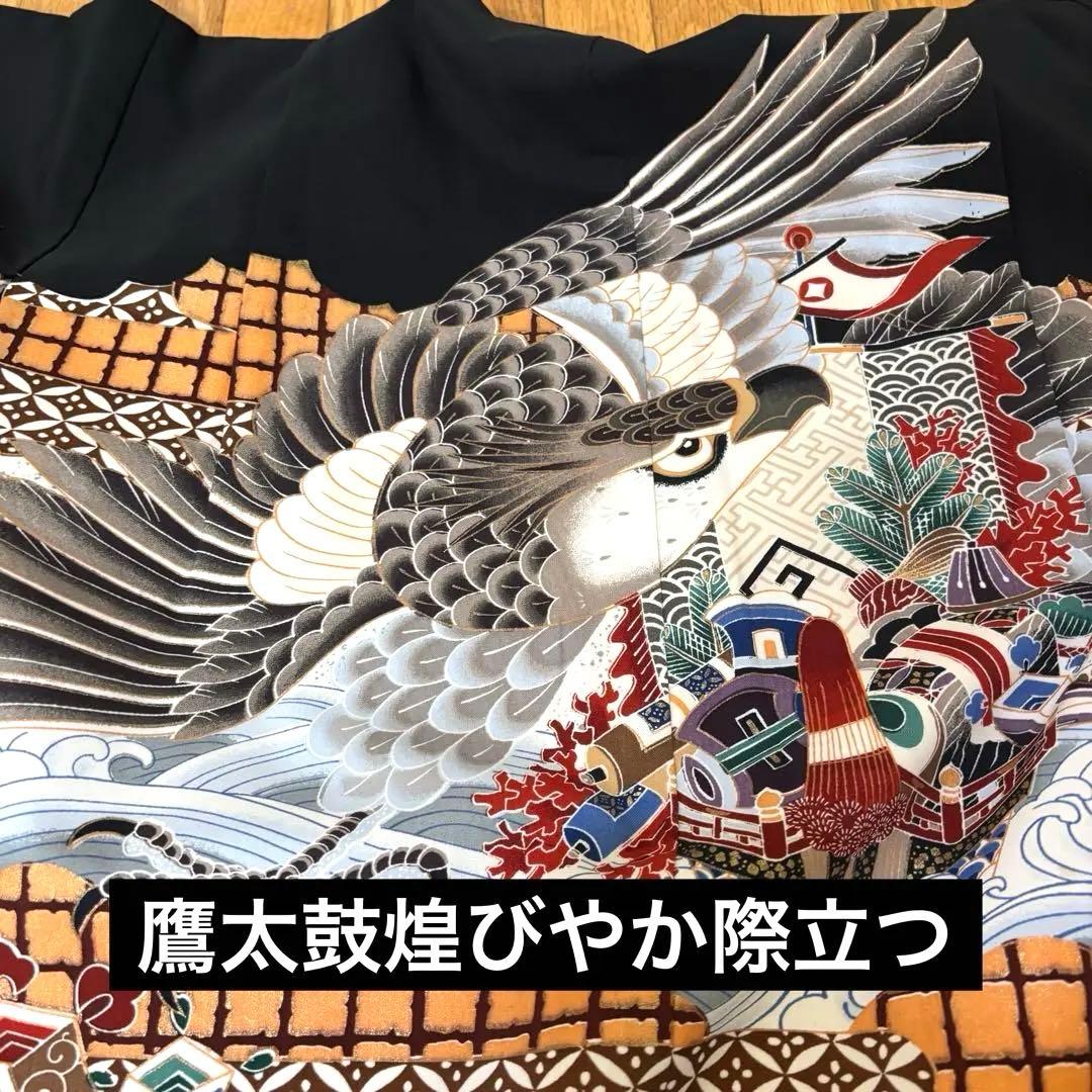 美品‼️七五三 五歳‼️人気の黒地に鷹 太鼓 金彩煌びやか