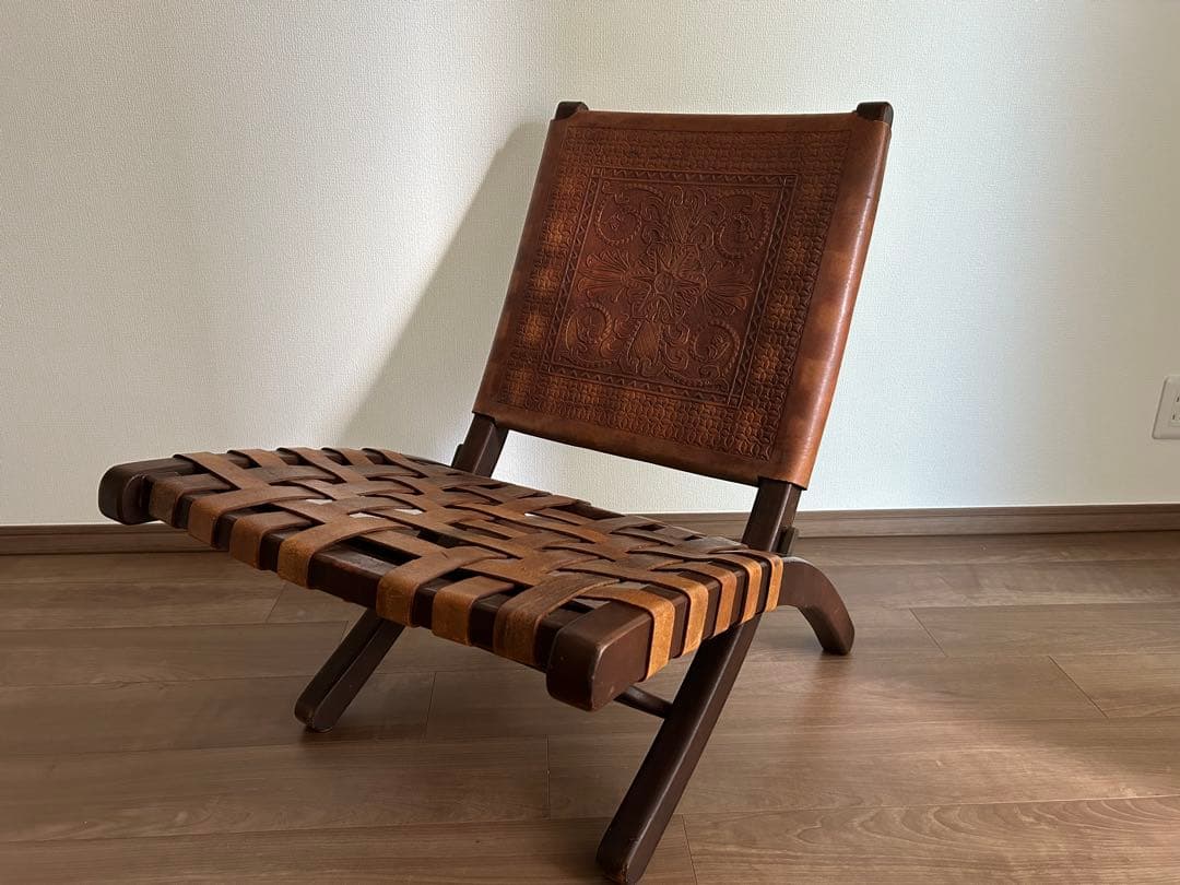 希少angel pazmino アンヘル・パスミーニョ　フォールディングチェア Mid-Century Modern Tooled Leather Sling Safari / Lounge Chair by Angel