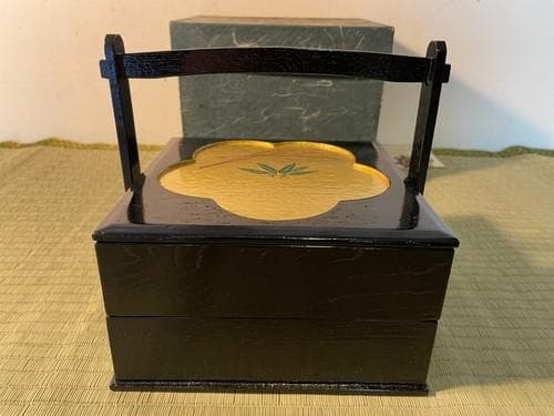 2段重（漆塗り、金蒔絵　伝統工芸・大丸京都店取扱品） 輪島塗重箱 角形 二段 -椿の高蒔絵仕上げ- [内面朱色/外面黒色] 梨地