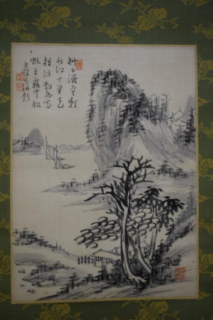 真作/名草逸峰/山水帆船画賛/軸先紫檀/桐極箱付/布袋屋掛軸HH-822 仏書・仏画の掛け軸 瀬田功舟作 川越名号